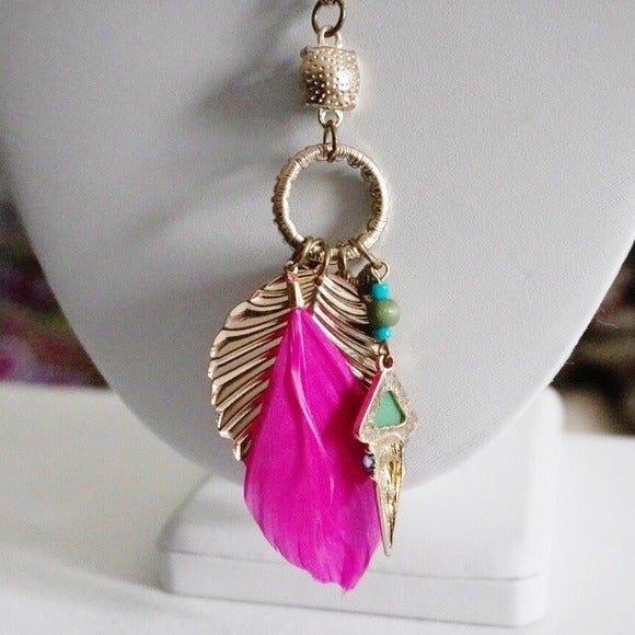 Owl Feather Flower Dangle Pendant Statement Necklace Gold Tone - Picture 4 of 6